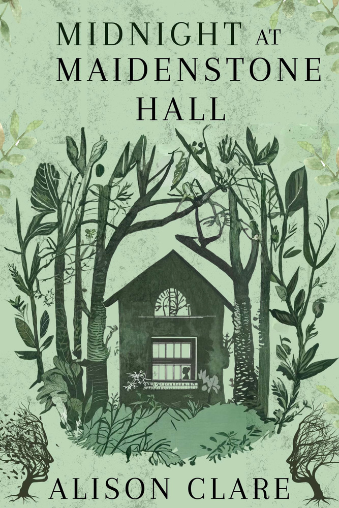 Picture of book cover of Midnight at Maidenstone Hall. The cover shows a drawn image of a house with trees surrounding it.